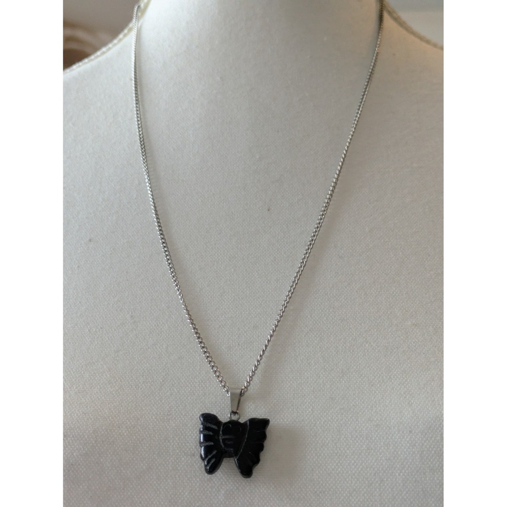 Black Carved Stone Butterfly Pendant Necklace With Silver Tone Chain Whimsical